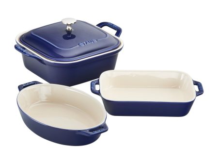 Staub Ceramic 4-pc Baking Pans Set, Casserole Dish with Lid, Brownie Pan, Dark Blue Hot on Sale